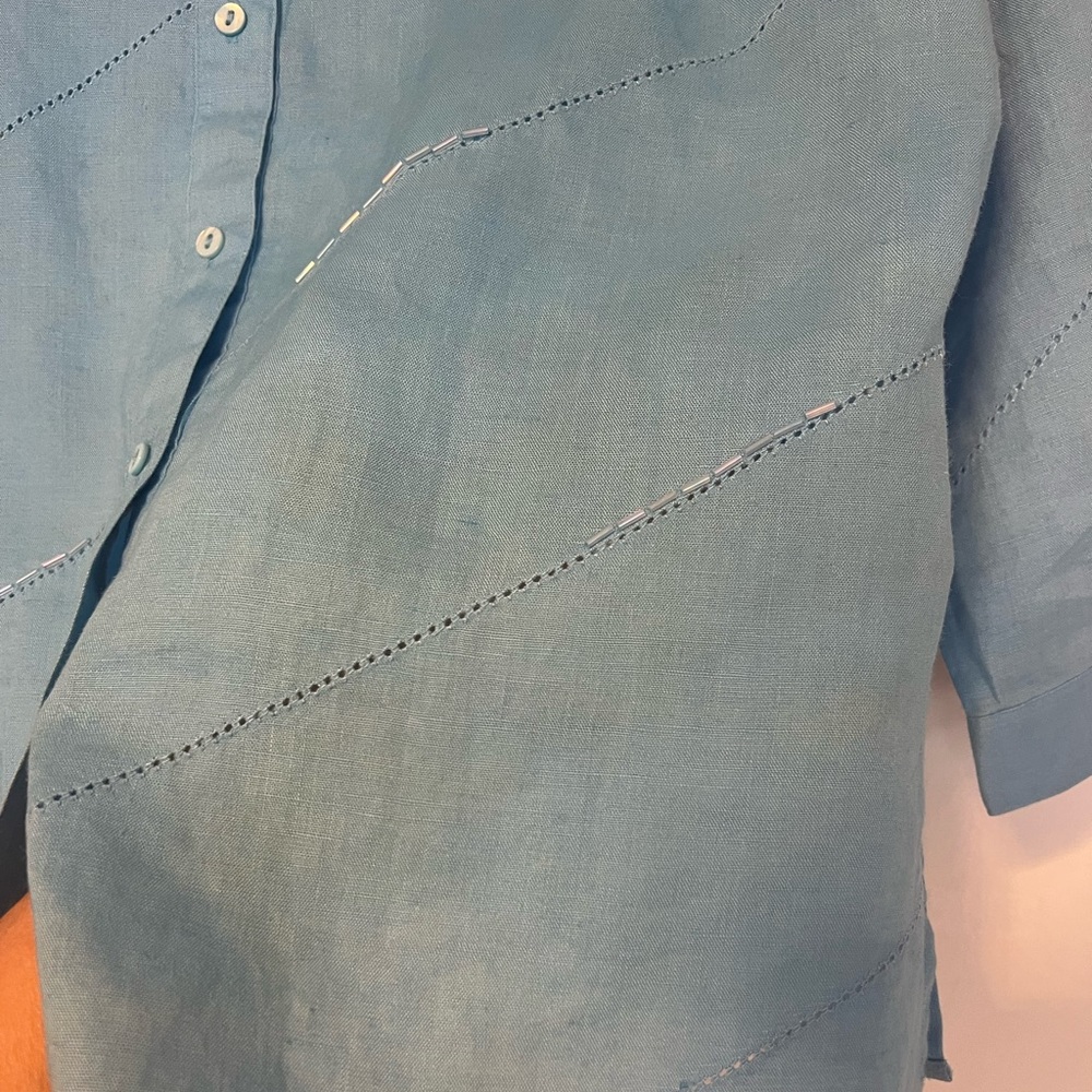Anne Carson 100% Linen Aqua Blue Button Down 3/4 Sleeve Embellished size M - Picture 10 of 13